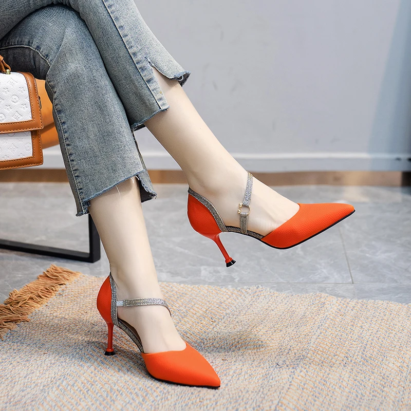 Mix Color Ankle Strap High Heels Shoes Women Pu Leather Thin Heeled Pumps Woman 2025 New Shining Patchwork Party Shoes