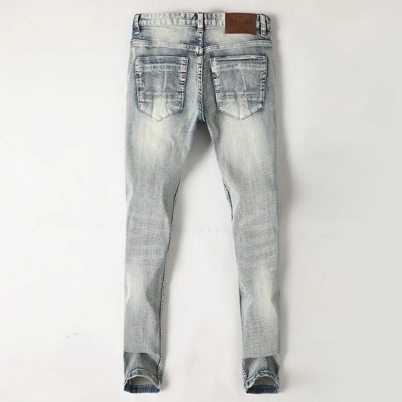 Italian Style Fashion Men Jeans Retro Yellow Blue Elastic Stretch Slim Ripped Jeans Men Patchwork Designer Vintage Denim Pants