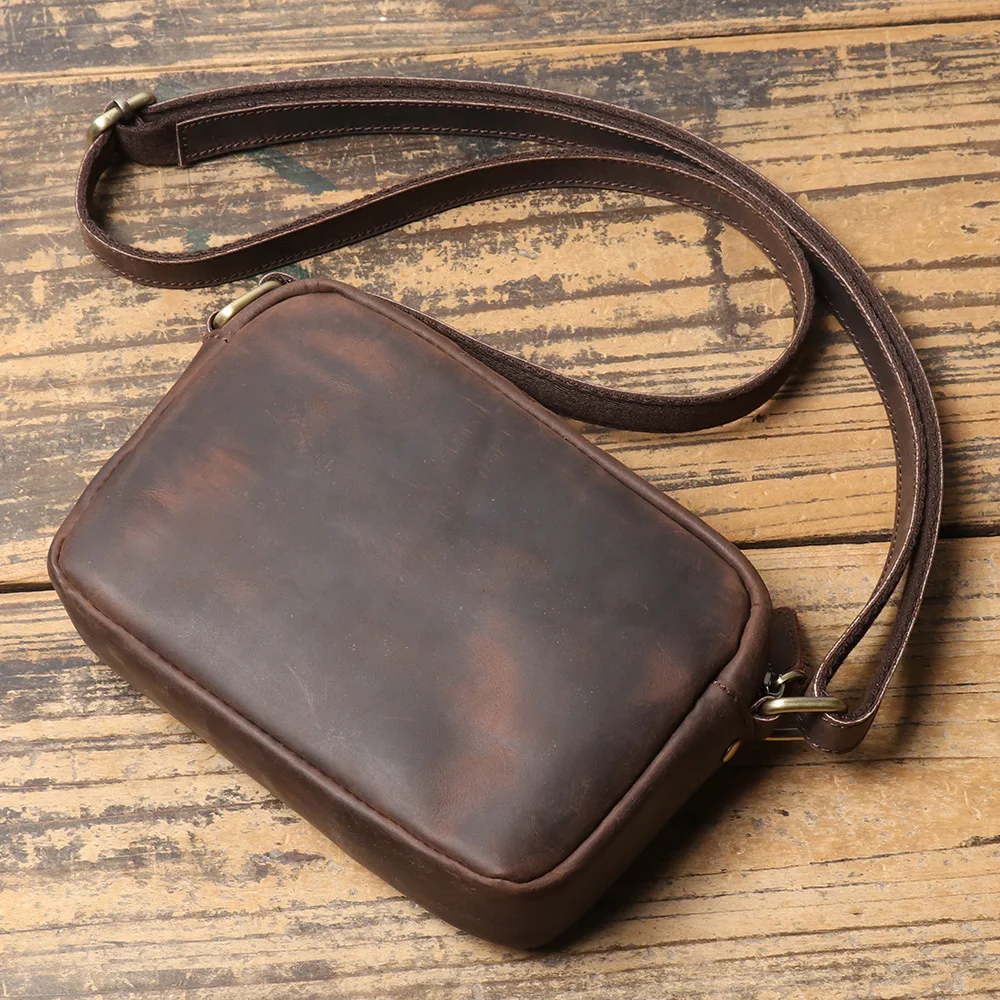 Vintage Crazy Horse Leather Men's Shoulder Bag Cowhide Crossbody Small Backpack Genuine Leather Messenger Bag Phone Bag