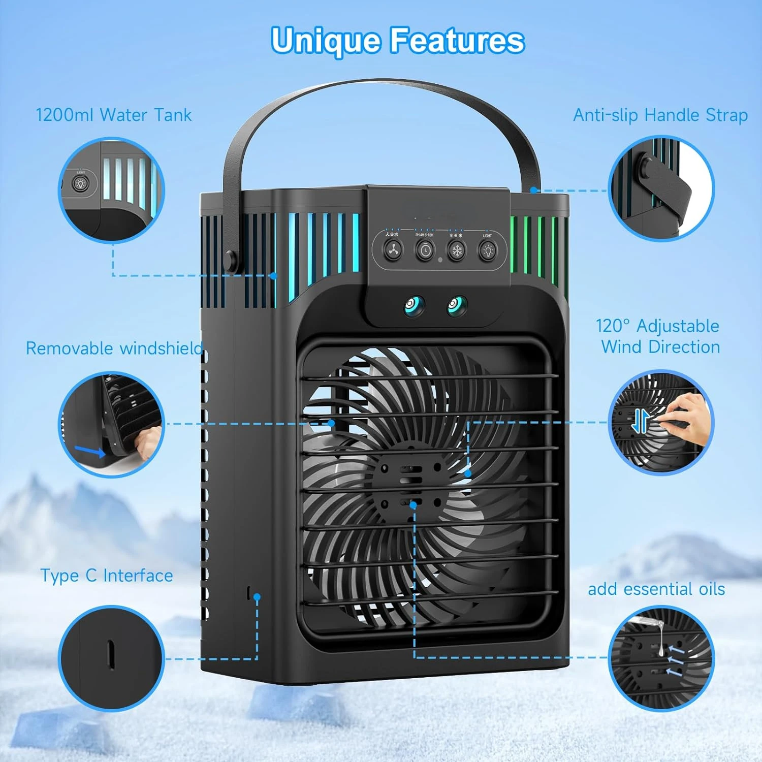 Air Conditioners Fan, Evaporative Air Cooler with Remote, 40oz Water Tank Air Conditioner,3 Speed Humidify & 7 LED Light, 2- Fan