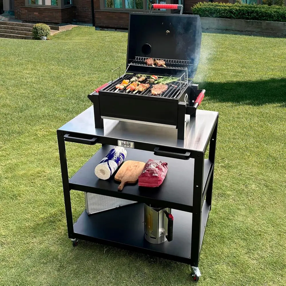 طاولة فرن بيتزا من الفولاذ المقاوم للصدأ للاستخدام الخارجي مع عجلات و3 أرفف للشوي والإعداد #2