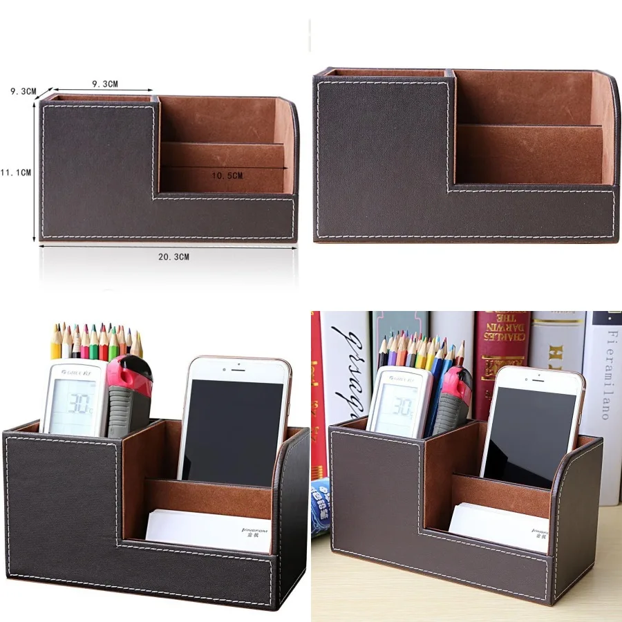 

Brown PU Leather Multi-Function Desk Organizer Caddy for Office Supplies: Holds Pens Pencils Cell Phones Business Name Cards Re