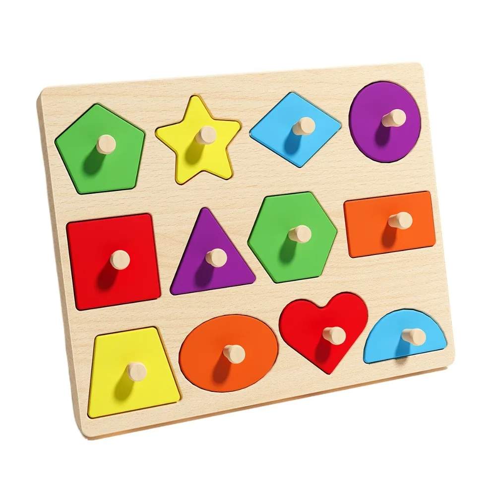 Jeu de Puzzle pour bébé Montessori, planches à saisir à la main, forme assortie, dessin animé, Puzzle en bois coloré intellectuel pour enfants