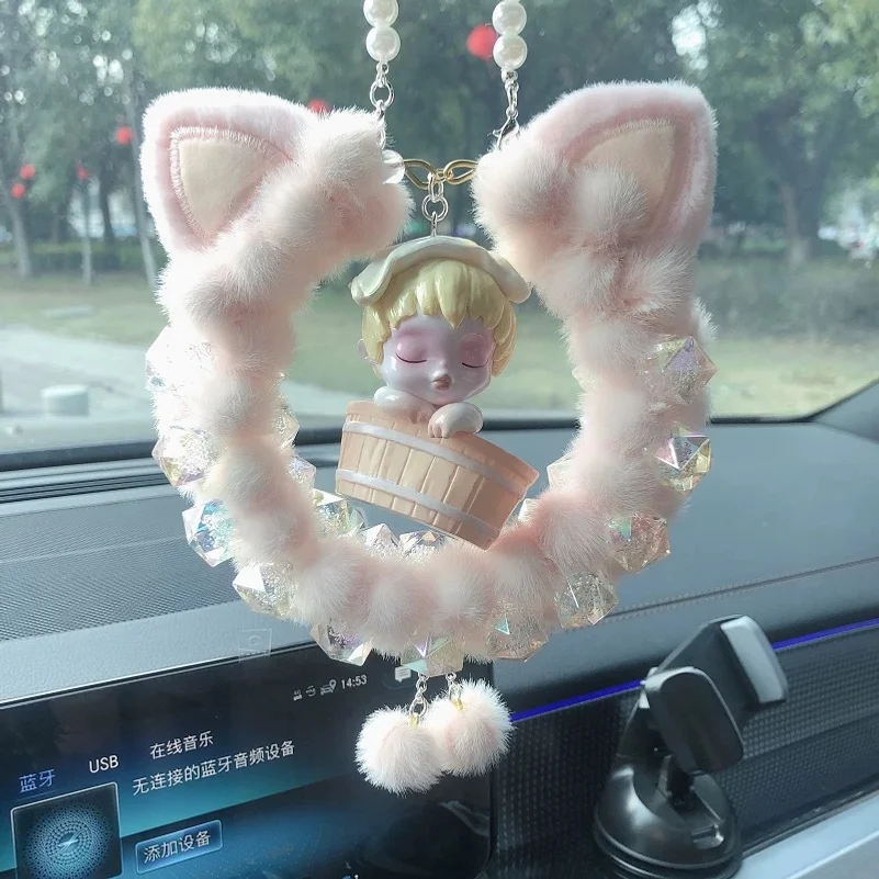 Car hanging accessory, heavy-duty fluffy cat ear pom-pom, fully finished car charm, Pop Mart temperature series, car decoration