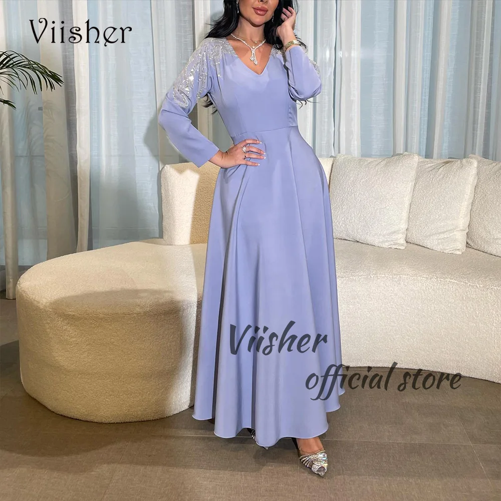 

Viisher Blue Satin A Line Prom Party Dresses Long Sleeve Beads V Neck Dubai Arabic Evening Gowns Floor Length Evening Dress