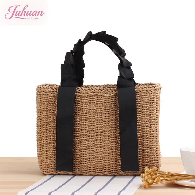 

2025 summer new simple hand-woven bag women's Japanese Korean frilly hand-held solid color handbag leisure travel beach bags