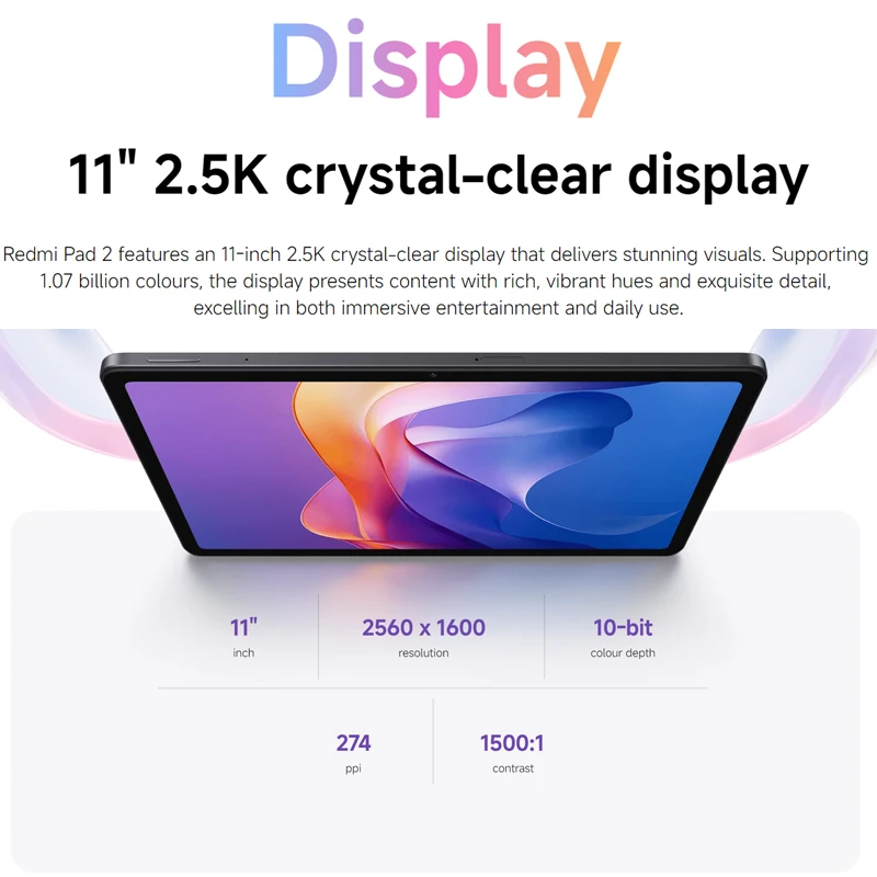 إصدار عالمي من Xiaomi Redmi Pad 2 WIF، شاشة Helio G100-Ultra 11 بوصة 2.5K شفافة كريستالية 18 وات شحن سريع وبطارية 9000 مللي أمبير في الساعة