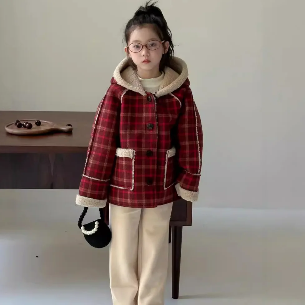 

Children Clothing Fashion Casual Thickened Warm Woolen Coat 2024 Winter New Girls Lamb Wool Plaid Sweet All Match Coat