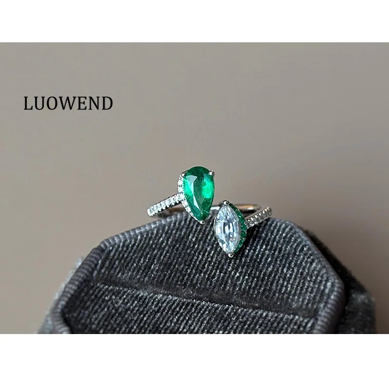 

LUOWEND 100% 18K White Gold Rings Elegant Style Natural White Sapphire&Emerald Engagement Ring for Women High Gemstone Jewelry