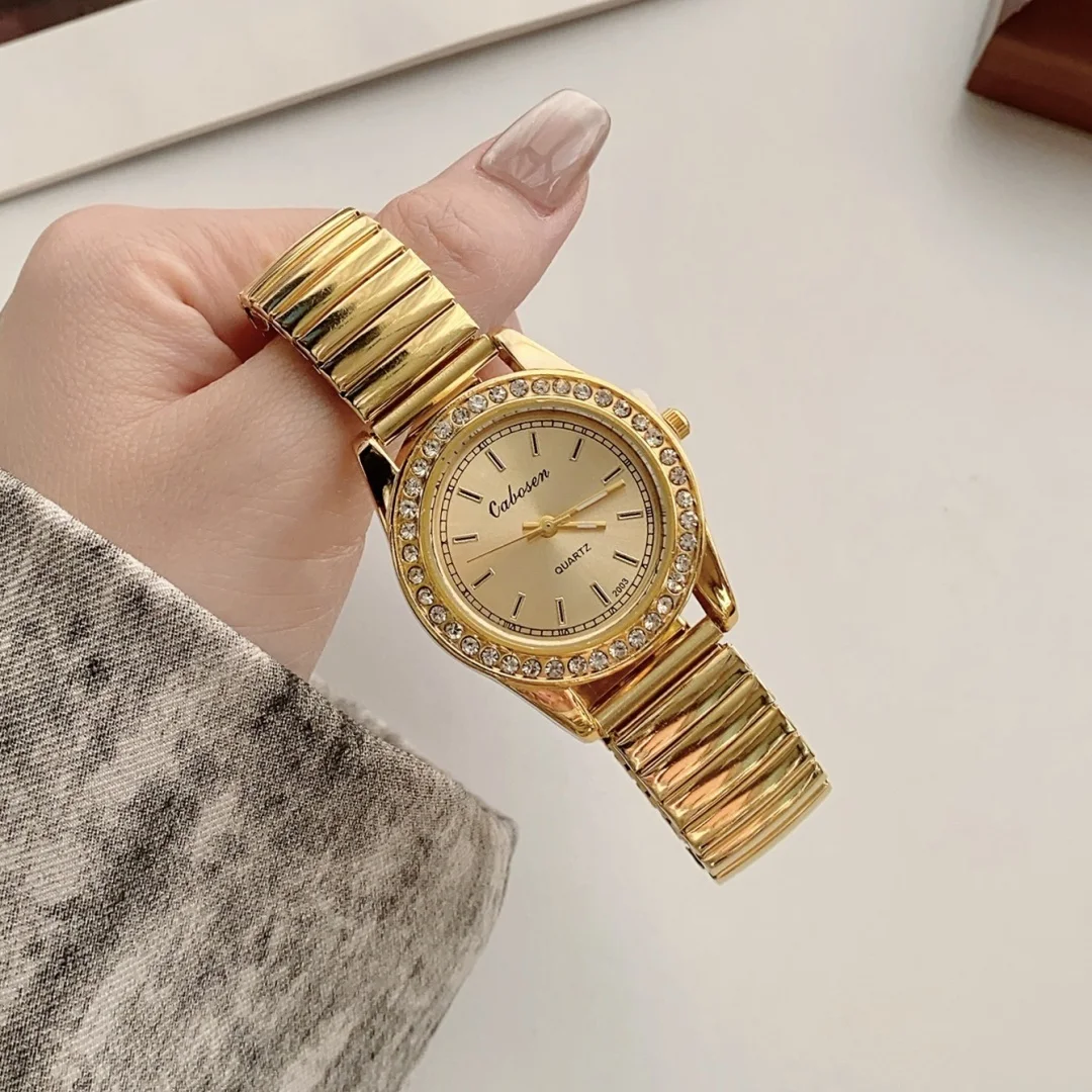 Reloj de cuarzo con puntero redondo dorado, reloj de pulsera clásico con banda elástica de simulación, adecuado para parejas masculinas y femeninas