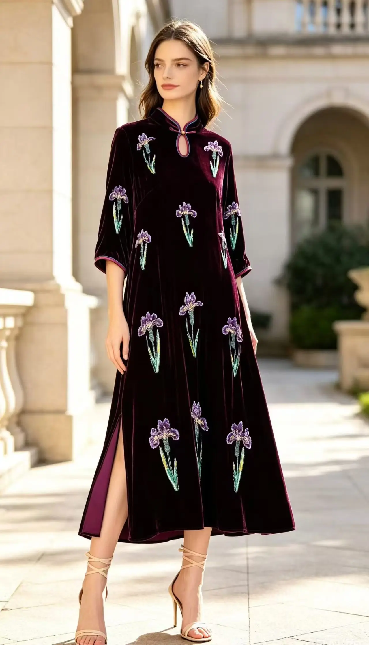 Spring and Autumn New Stand Collar Silk +Velvet Fabric Embroidered Seven Quarter Sleeves Fashionable Side Slit XL-3XL