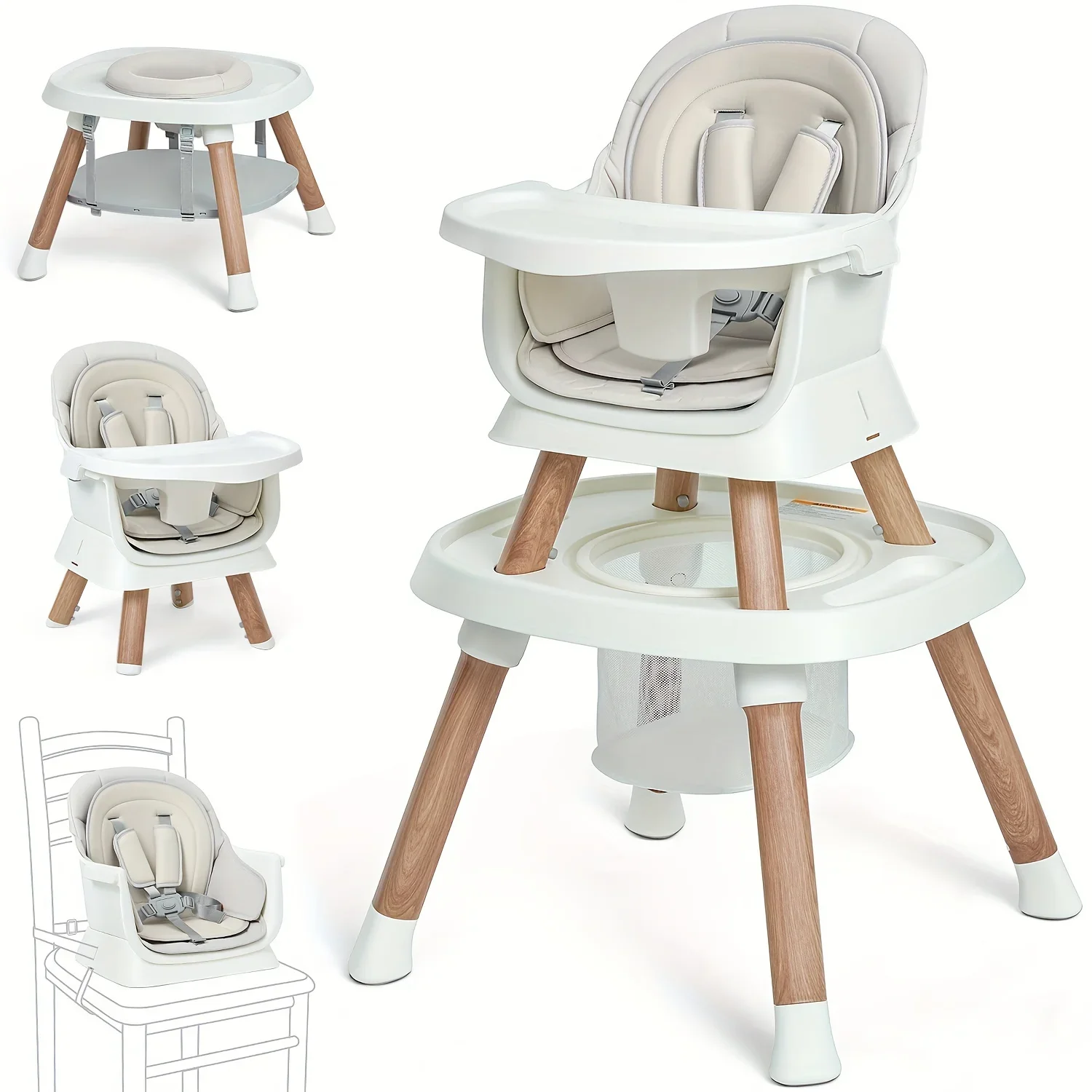 Silla alta para bebé 8 en 1, asiento para bebé, multifuncional Convertible para bebés y niños pequeños con centro de actividades y bandeja de veta de madera