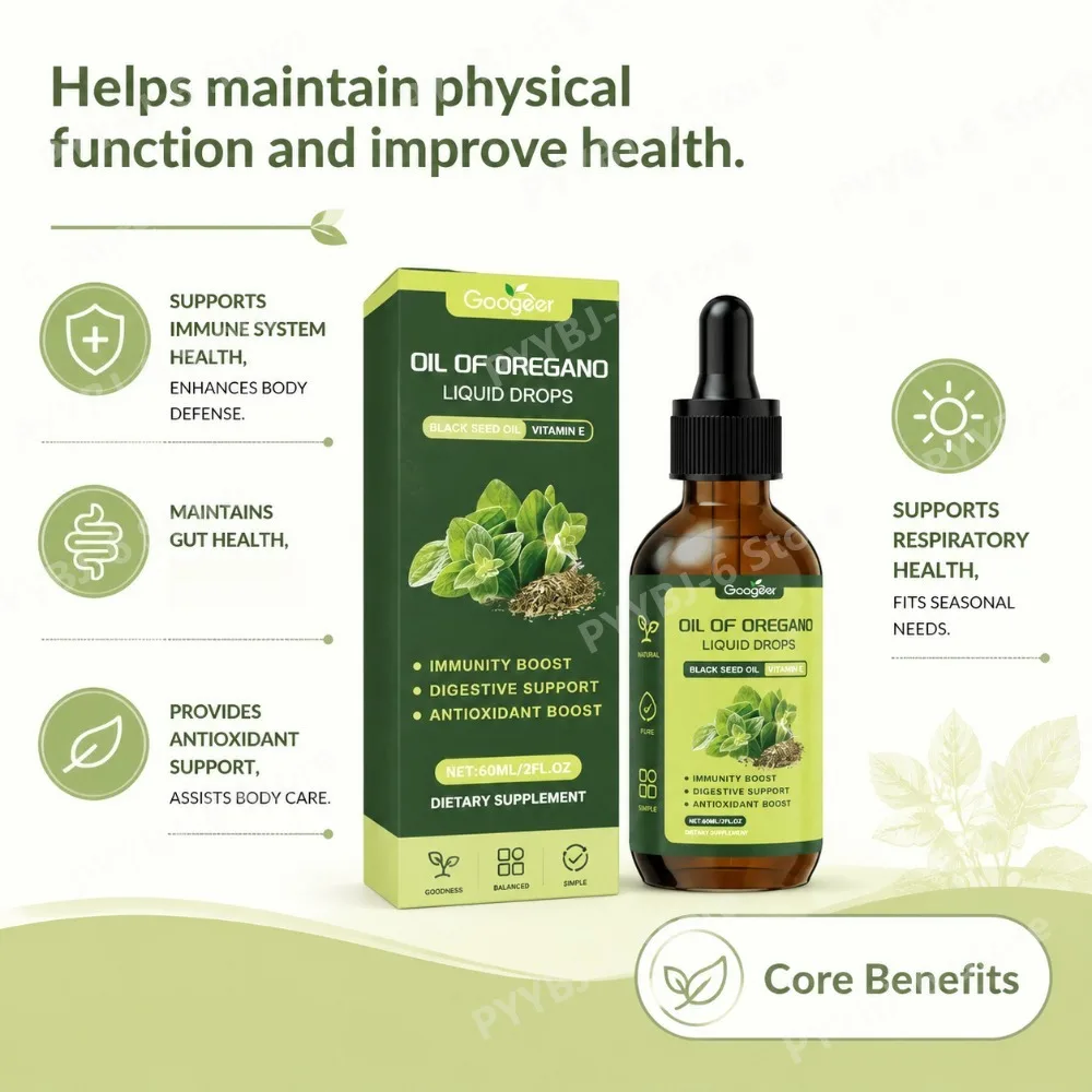 Oregano Oil Liquid Drops with Black Seed Oil VitaminE Natural Herbal Supplement for Immunity Digestive &Antioxidant Support 60ml