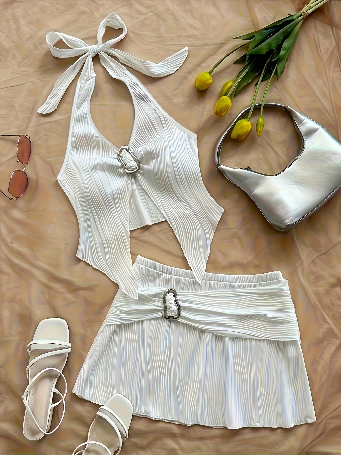 Elegant Summer New Pure Color Texture Fabric V-Neck Halter Top And Skirt Set for Women Two-Piece Outfit