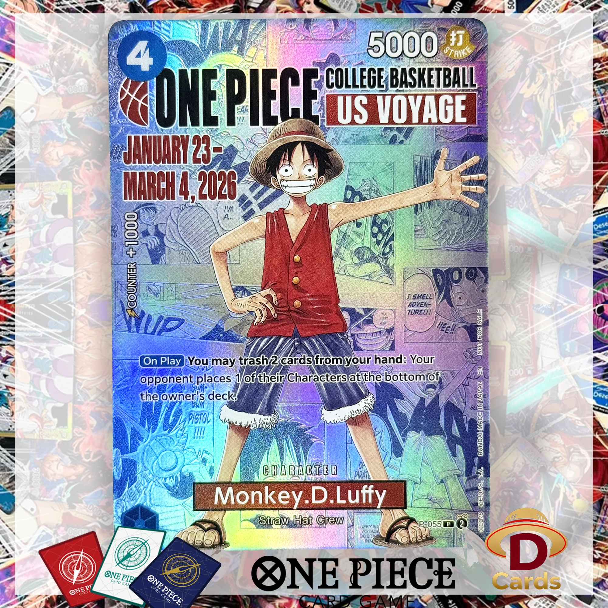 Tarjeta promocional de One Piece US College Basketball Luffy, réplica de coleccionables de anime del equipo Sombrero de Paja, tarjetas de alta calidad con textura de lámina.