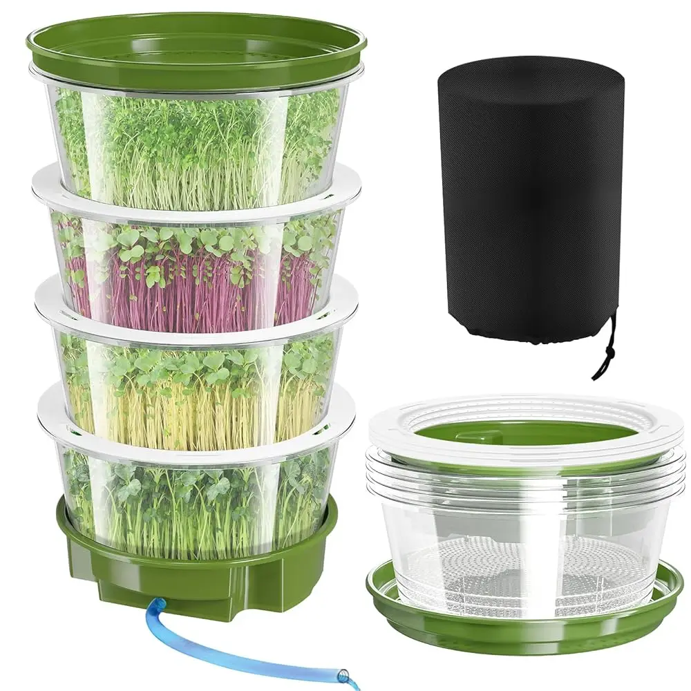 

Набор для выращивания ростков на 4 уровнях с дренажным шлангом и вентиляционными отверстиями, штабелируемые лотки для выращивания микрозелени, включая черные.