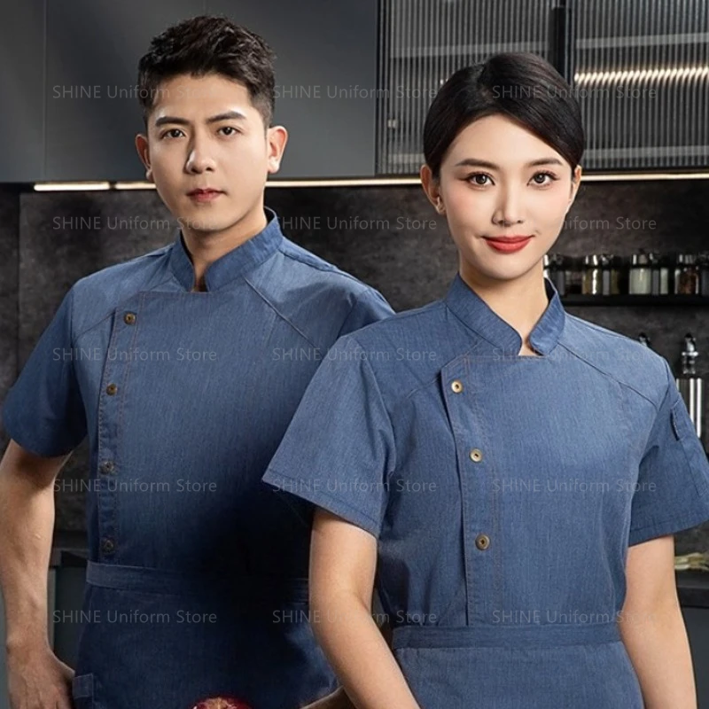 Letnia męska kurtka z krótkim rękawem Restauracja czarny fartuch szefa kuchni odzież robocza logo Szorty szefa kuchni Oddychający płaszcz szefa kuchni Kuchnia