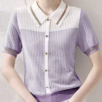 Women's Polo Shirts Button T-shirts Knitted Slim Female Tee Clothing Trend 2025 Cheap Tops Korean Style Synthetic Luxury Youth - Image 2