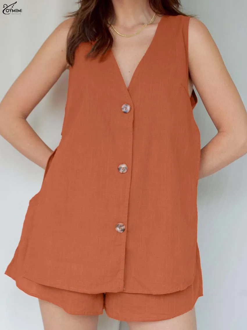 

Oymimi Elegant Orange Cotton 2 Pieces Set For Woman Fashion V-Neck Sleeveless Side Slit Buton Tank Top And Drawstring Shorts Set