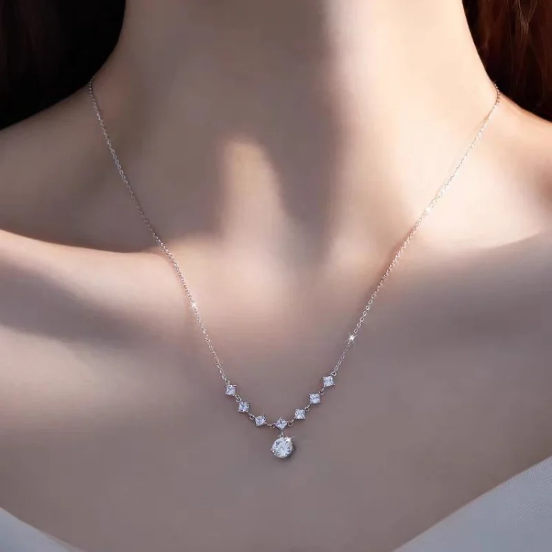 925Silver Necklace Seven-Shining Women's Square High-Grade Pendant Clavicle Chain New Live Stream