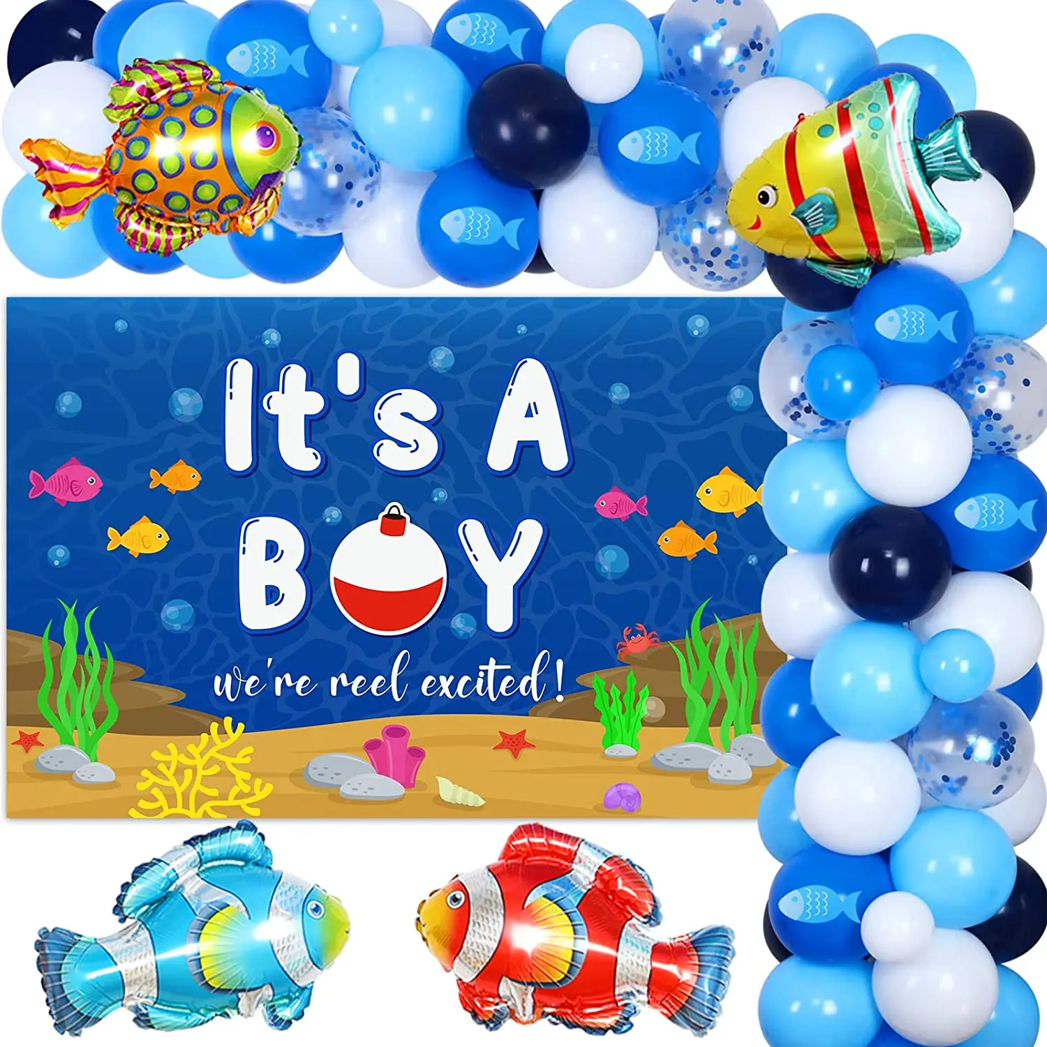 

Fishing Balloon Garland Kit with It's A Boy Backdrop, Baby Shower Decorations, Blue Fish, Birthday Party Supplies