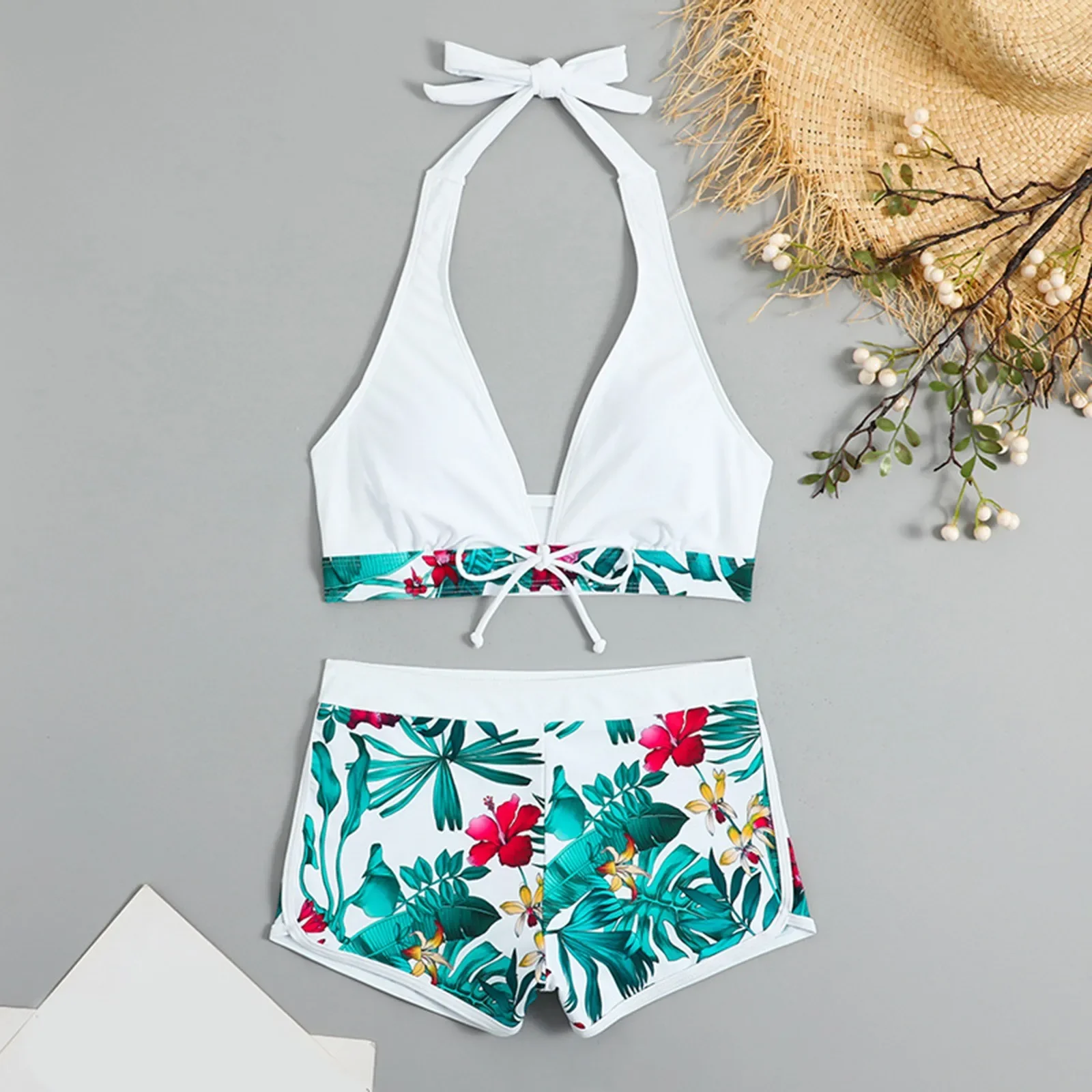 Bikini con stampa tropicale costume da bagno donna a due pezzi pantaloncini da donna Halter costumi da bagno a due pezzi Tankinis Set Summer Beach Wear Swimming