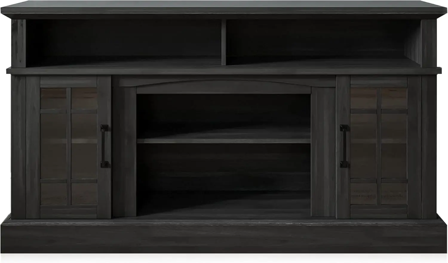 TV Stand, Rustic Wood Entertainment Center, Contemporary Media Console Table with Two Open Shelves and Glass Door Cabinets