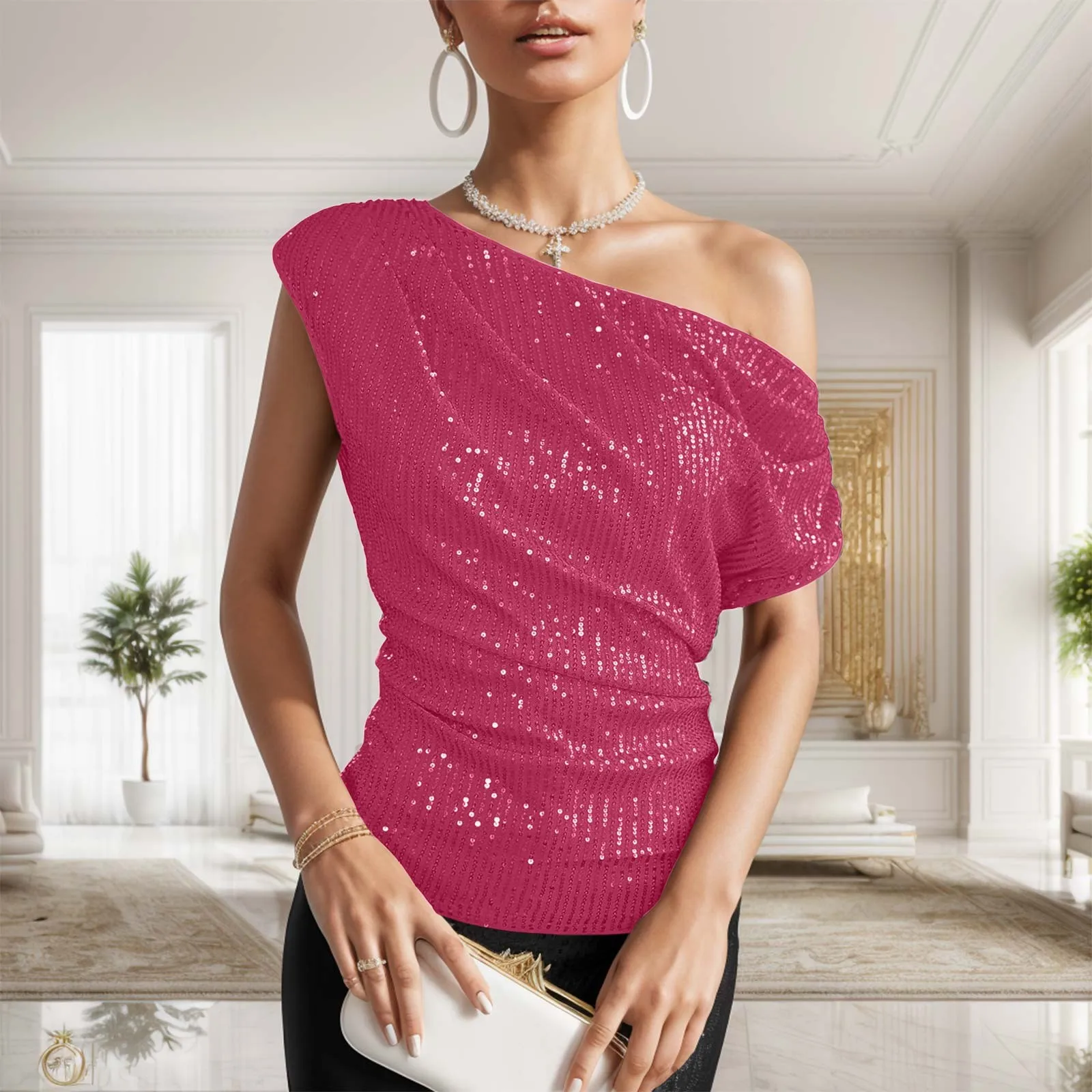 One Shoulder Sequin Sparkly Tops For Women Ruched Asymmetrical Glitter Tops Slimming Sparkle Party Shirts Pullover