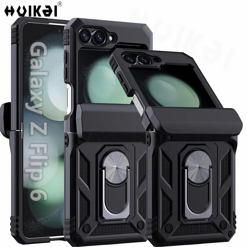 Case For Samsung Galaxy Z Flip 6 5G Z Flip 5 Military Grade Shockproof Heavy Duty Protective Armor Magnetic Kickstand Ring Cover