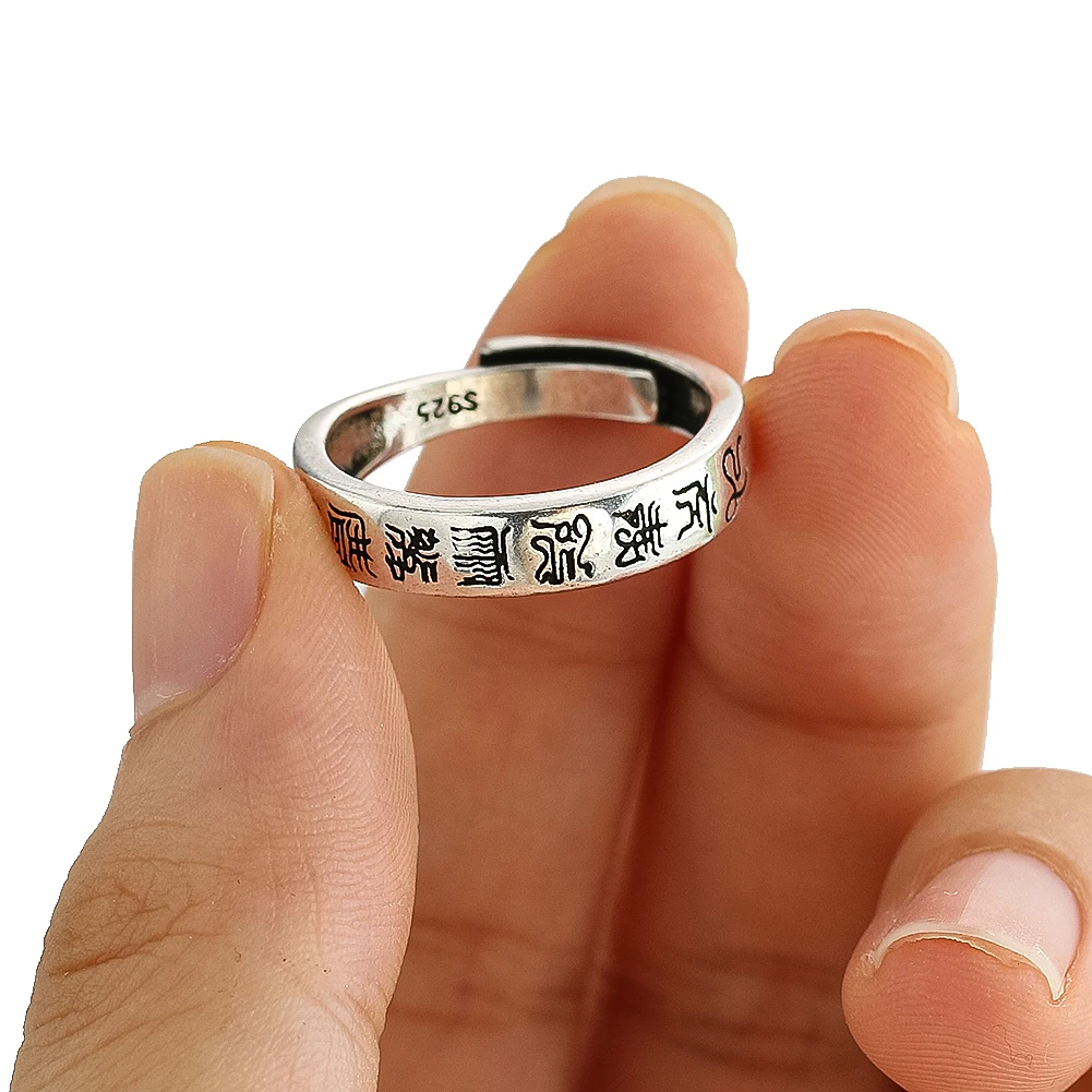 Chinese Feng Shui Nine Characters Mantra Ring Taoist Scripture Adjustable Opening Finger Ring Lucky Amulet Protective Jewelry