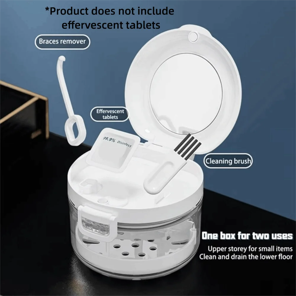 

Double Layer Orthodontic Retainer Box Leak-proof Draining Denture Soaking Cup with Cleaning Brush with Mirror