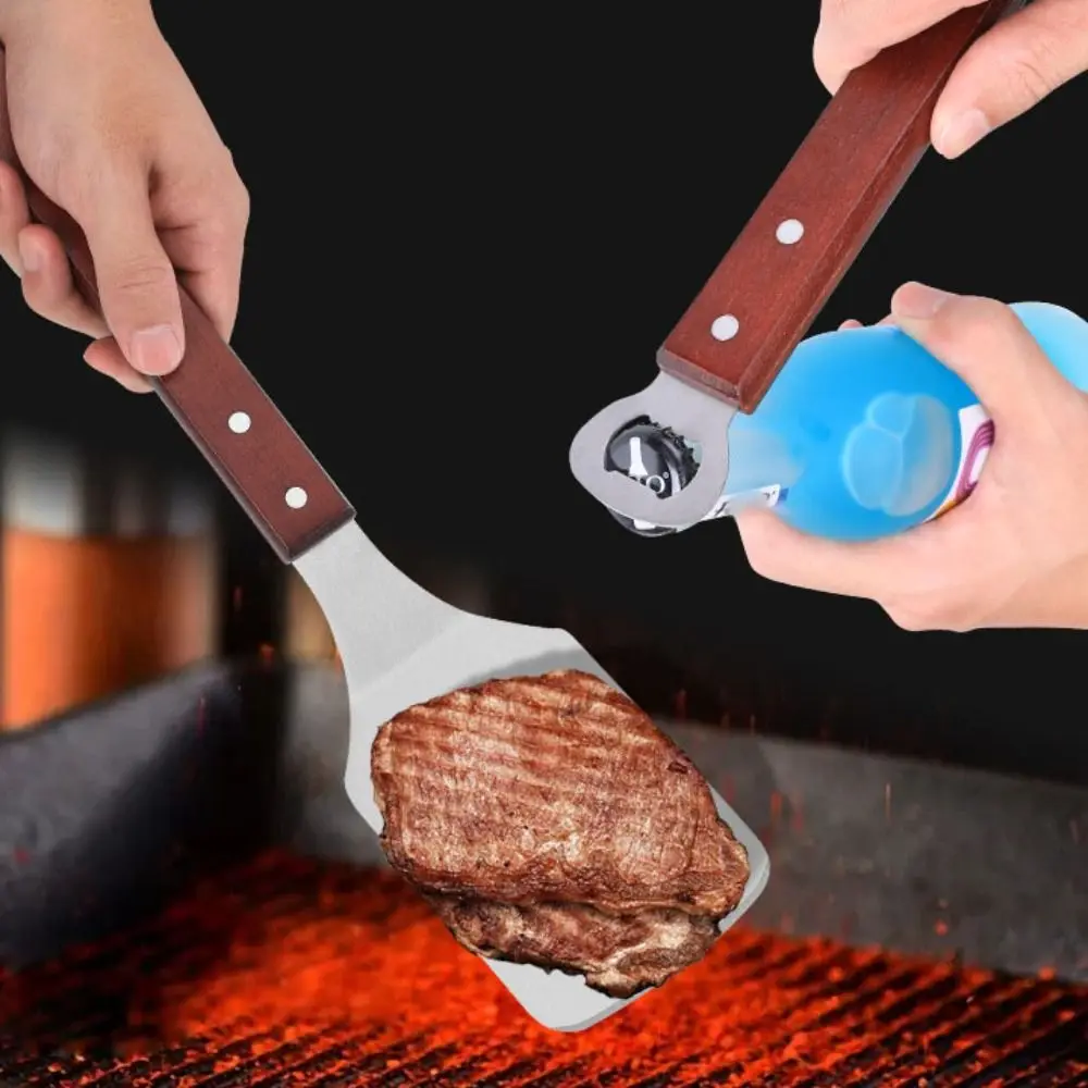 

2 in 1 Barbecue Shovel with Bottle Opener Function Stainless Steel Steak Turner Hollow Design Wood Handle Pancake Scraper BBQ