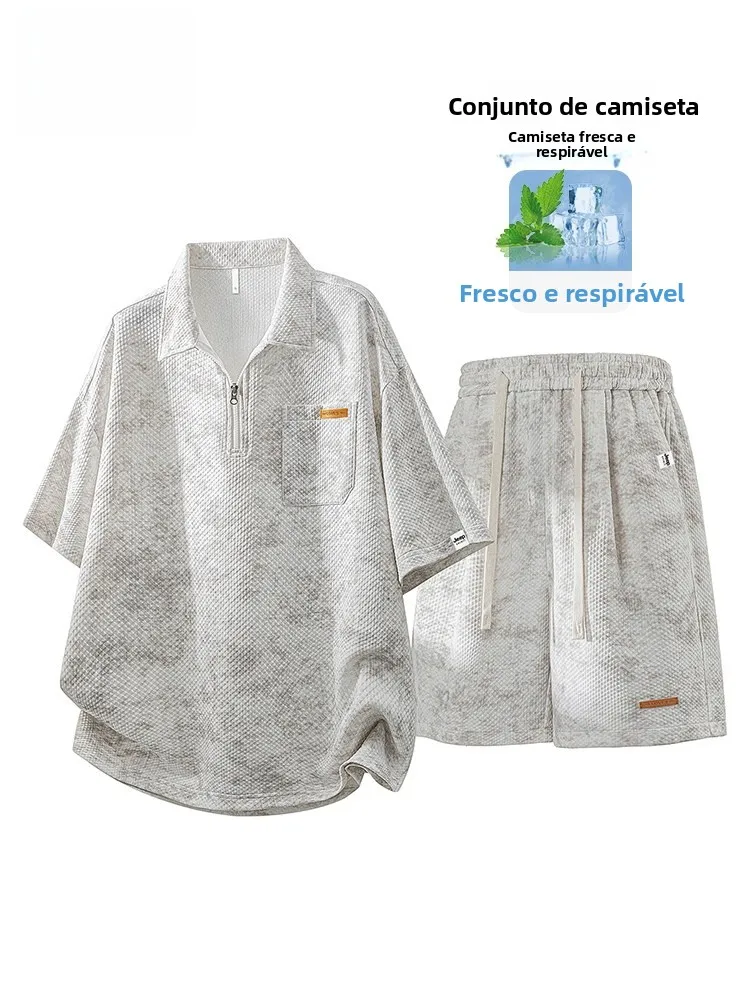 Conjunto de Camiseta Esportiva de Manga Curta e Shorts Casuais Estilo Americano  para Homens, Coleção de Verão em Fibra d...