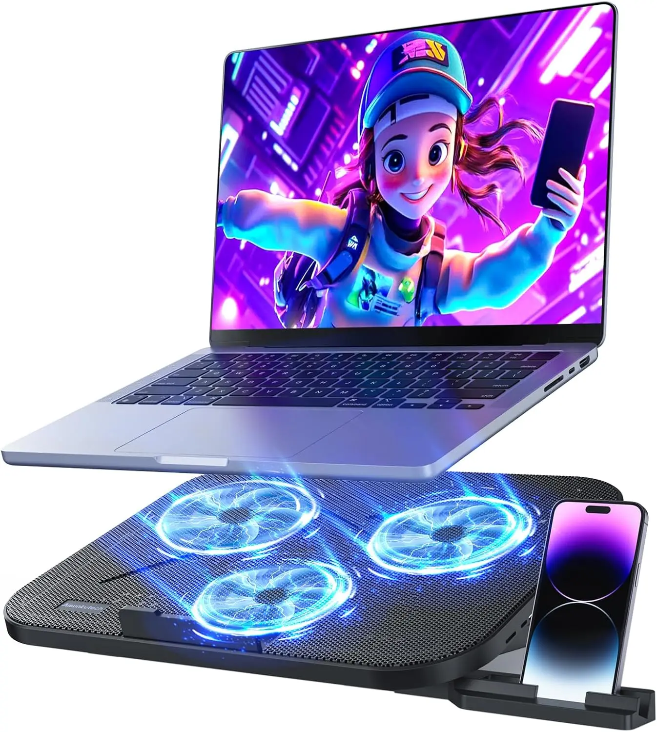 

3-Fan Laptop Cooling Pad with Adjustable Stand, USB Ports & Phone Holder for 12-17 Inch Devices