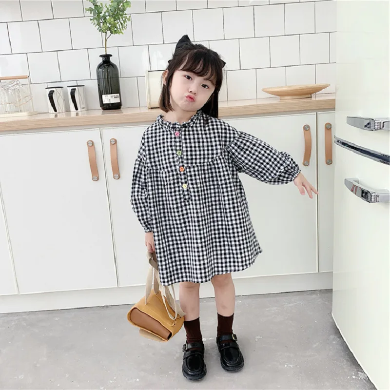 

Girls' Rainbow Button Plaid Dress Long Sleeve Doll Dress25Spring and Autumn New Fashion Foreign Trade Children's Clothing Wholes