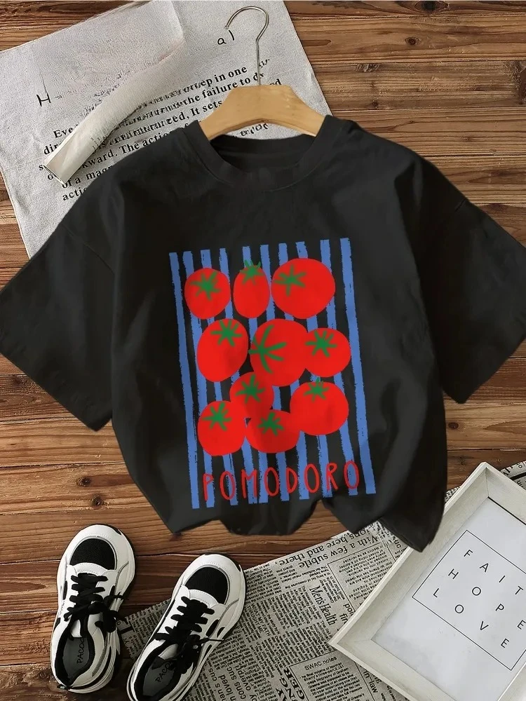 Comfortable and fresh style tomato stripe print summer casual round neck pure cotton fashionable T-shirt top