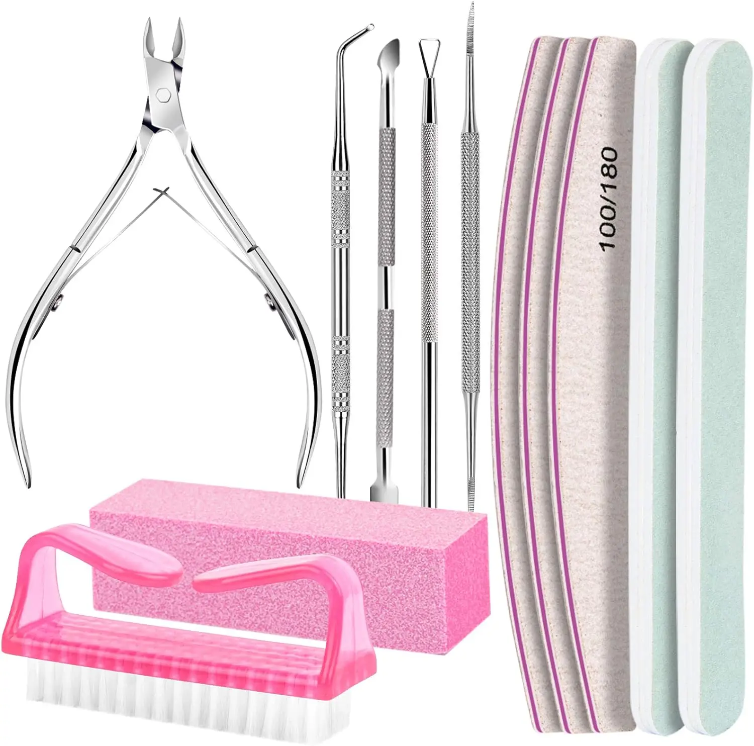 

Nail Care Tool Kit Files 100/180 Nail Buffer Block Cuticle Nippers Trimmer Pusher Nail Lifter for Ingrown Toenails Pedicure Tool