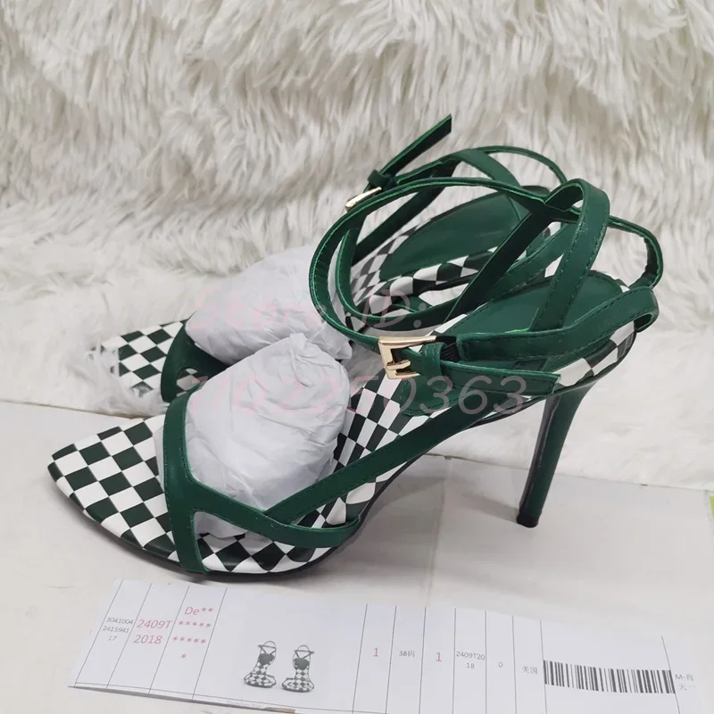 Patchwork Lattice Leather Thin High Sandals Open Toe Back Buckle Ankle Strap Slim Stiletto Pumps 2024 Women Fashion Sexy Shoes