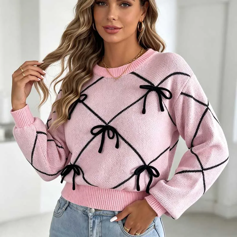Bow Tie Sweet Loose Sweater Autumn Winter Fashion New Women Contrasting Color Crew Neck Short Top Long Sleeve Argyle Sweaters