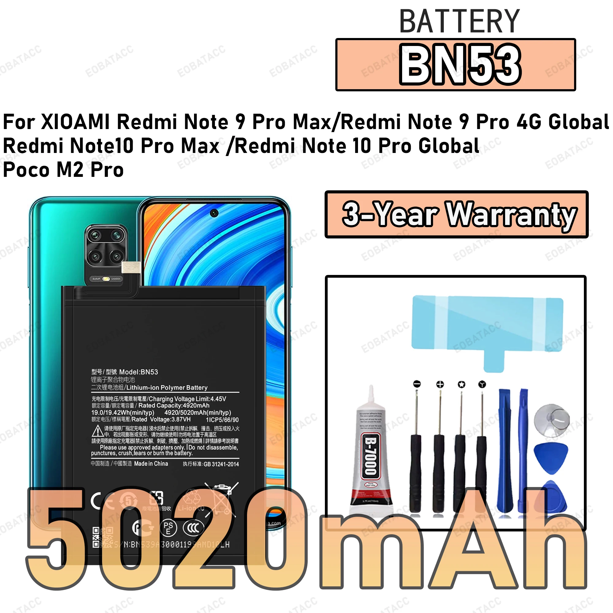 100% New Zero Cycle BN53 Battery For XIAOMI Redmi Note 9 Pro Max/Redmi Note 10 Pro Max Phone Replacement Bateria +Free Tools