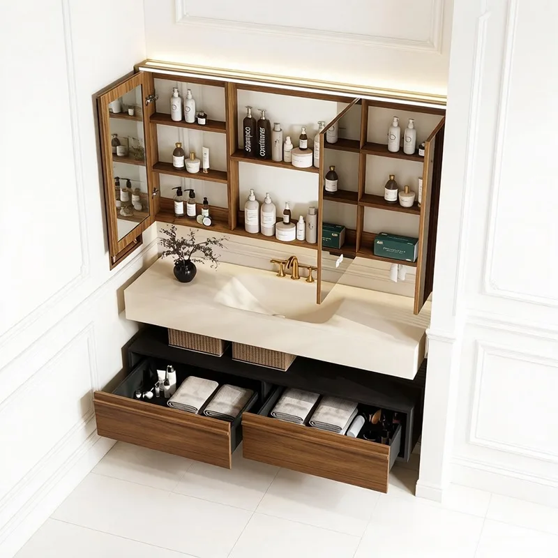 Luxury French Vintage Solid Wood Floating Bathroom Vanity Cabinet With Sink Sintered Stone Top Smart Mirror Double Vanity Set
