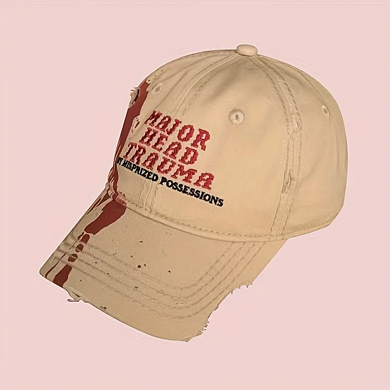 

Edgy Baseball Cap with Bullet Hole Graphic - Beige & Red Crime scene Hat Featuring "MAIN HEAD TRAUMA"
