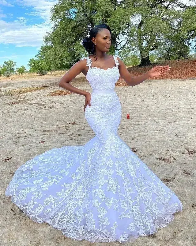 

Customized Pure White Lace Wedding Dresses Mermaid Square Neck Corset Up Back Plus Size Bridal Gowns Court Train African Lady Ma