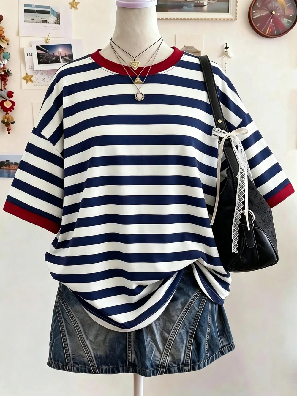 Bestseller # Damen-Oberteil mit Streifenmuster, kurzen Ärmeln, Kontrastfarben, Oversized-Schnitt, Beige, für den Sommer, lässig, für die Schule, modisch, elegant, im Y2K-Stil. – Detail 8