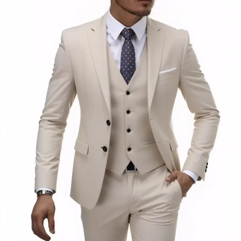 13 Color Basic Style Men's Casual Solid Color 3 Pieces Suits / Male Two Button Blazers Jacker Coat Trousers Pants Vest Waistcoat