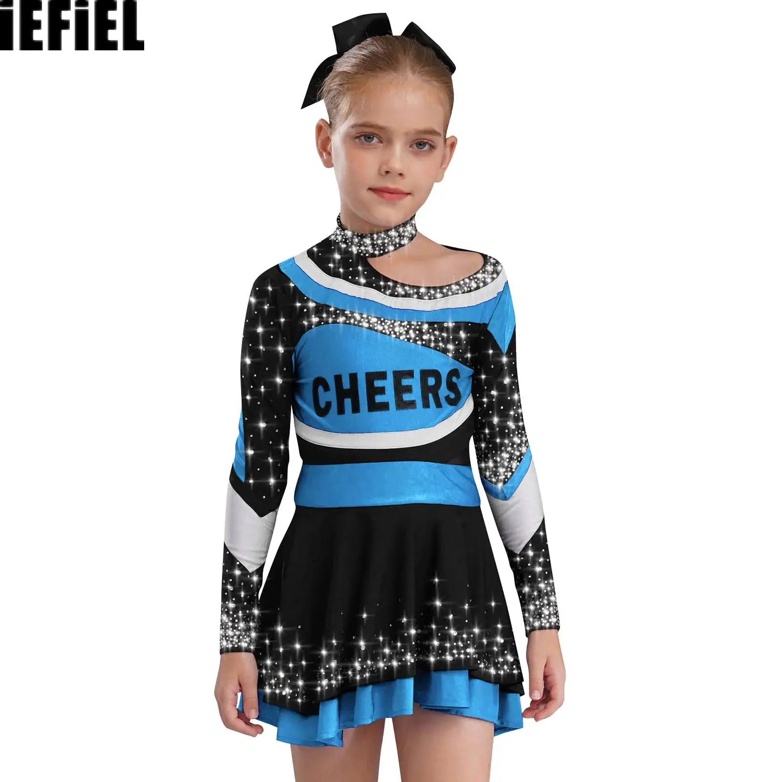 

Kids Girls Cheerleading Outfits High School Stage Performance Costume Long Sleeve Letter Print Color Block Top with Skirt