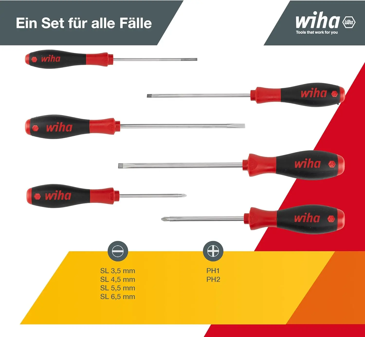 Wiha 07152- 6 Pieces Screwdriver Set for Phiilps Slotted Screws Chrome Plated with Ergonomic Multi-function Handle Hand Tool