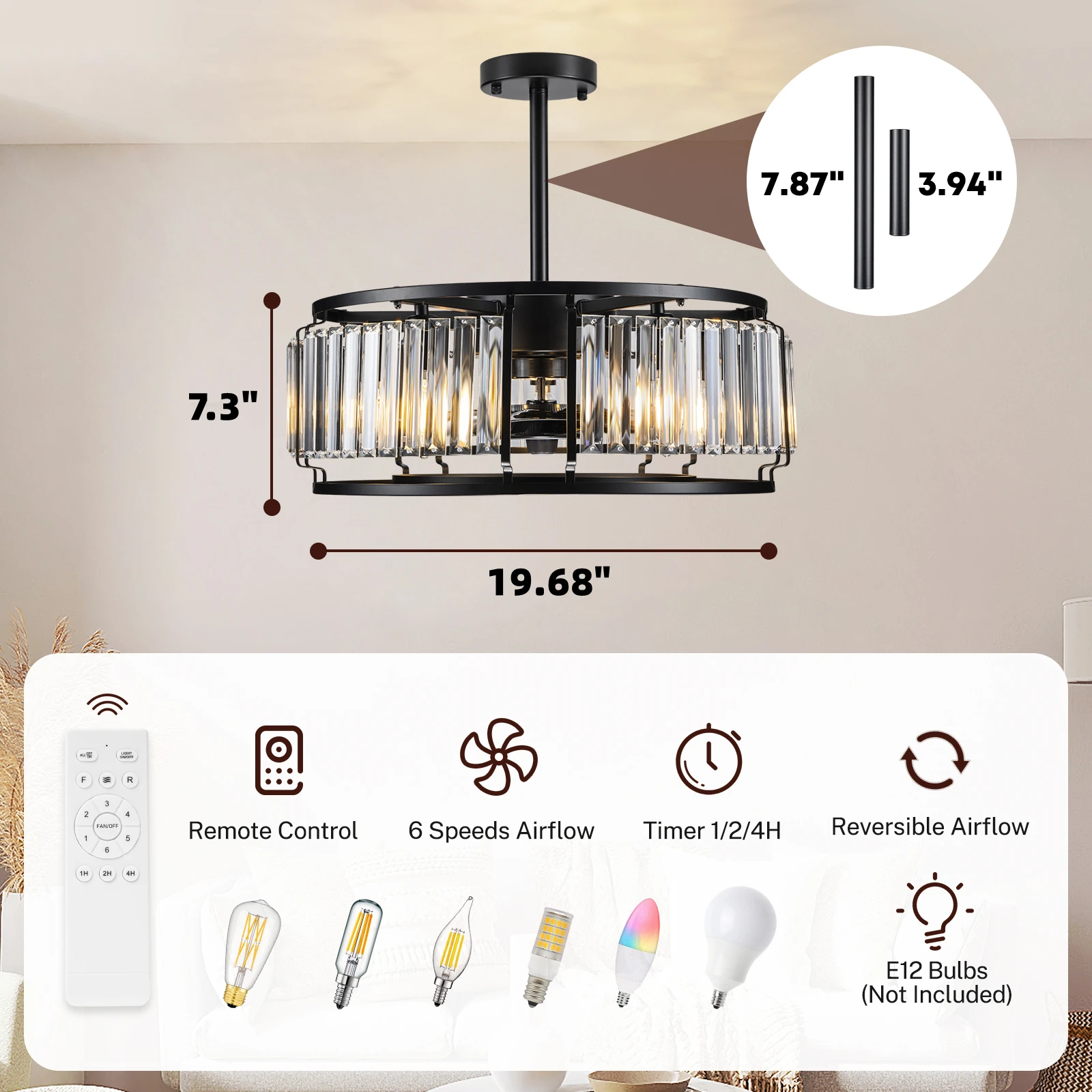 Imagem -04 - Nooknova-modern Cristal Teto Fan Luz Controle Remoto Preto Fechado Gaiola Candelabro Lâmpada 20