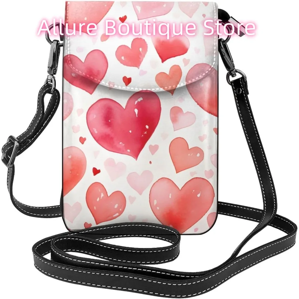 Classic Love Heart Patterns Crossbody Bag for Women PU Leather Small Travel Cell Phone Pouch Lightweight Mini Phone Purse Wallet