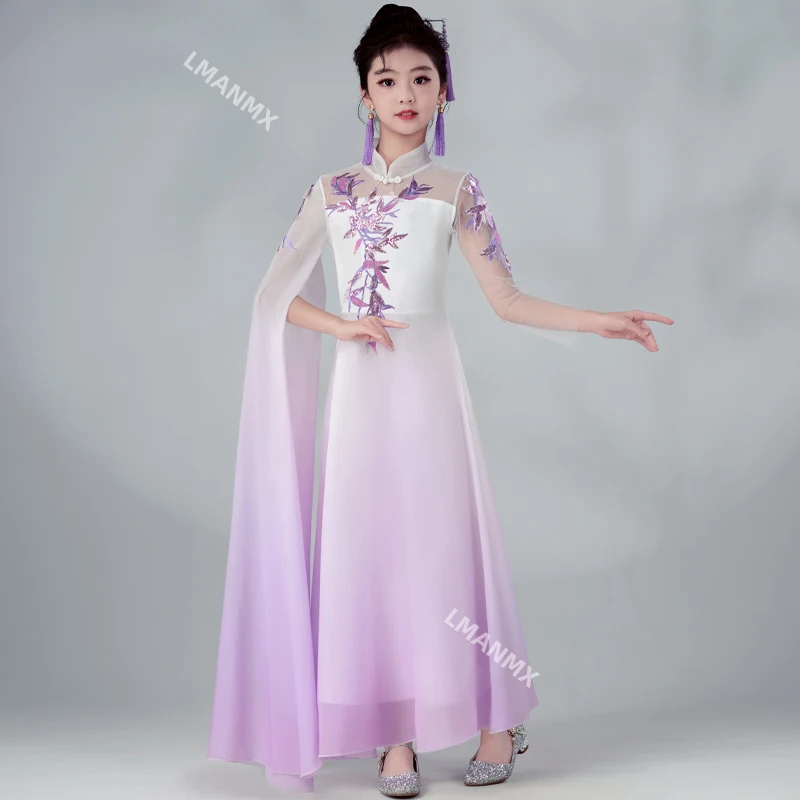 Girl Guzheng performance costume, graded piano performance stage, elegant purple ceremonial costume